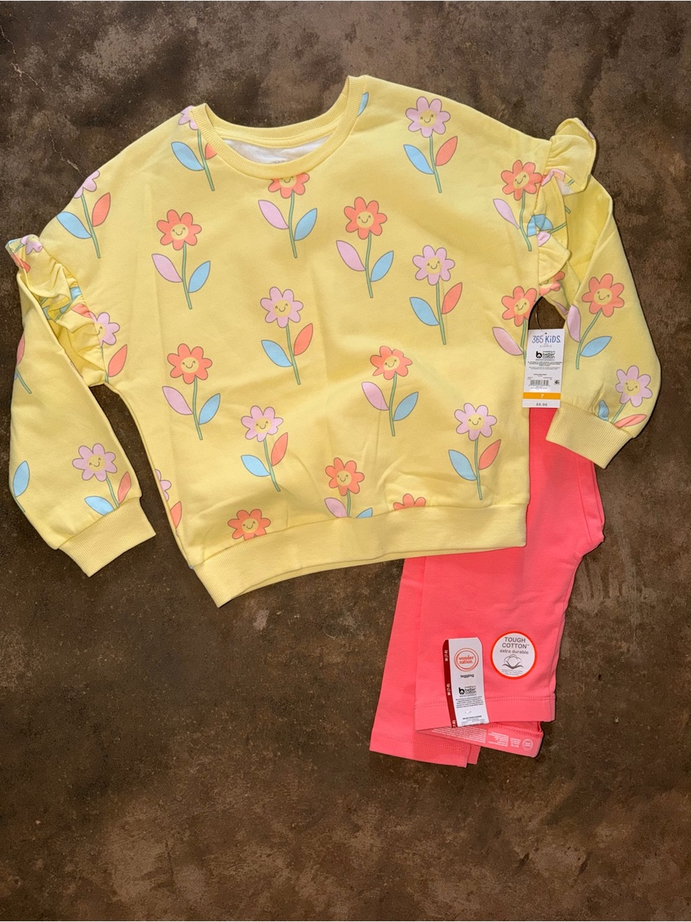 365 Kids Floral Sweatshirt Wonder Nation Coral Leggings Set Girls 7 NWT